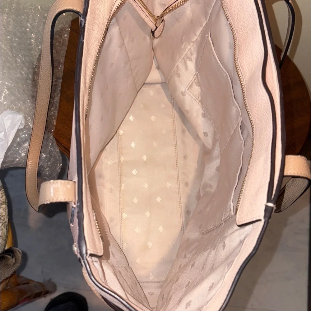 Kate Spade tote bag peachy beige cream taupe color block cinching sides EUC